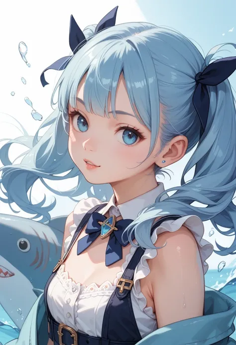 anime,  light blue long hair、A girl with twin tails rides a shark was created