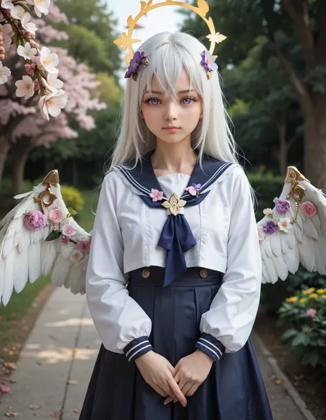 best quality, masterpiece, highres, solo, Azusa, realistic, Shirasu azusa, Azusa (blue archive), long_hair, hair_ornament, hair_between_eyes, flower, hair_flower, halo, wings, white_hair, purple_eyes, bangs, blush, purple_flower, white_wings, 1girl, lookin...