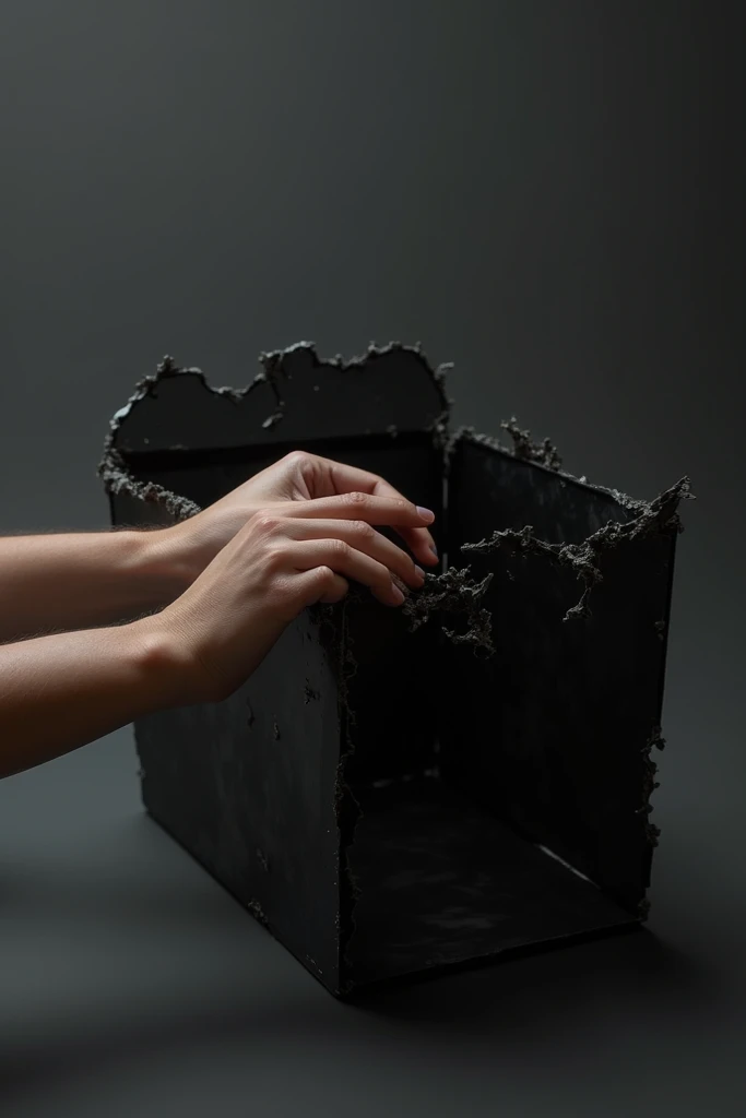 A hand holding a shredded transparent black organizer box