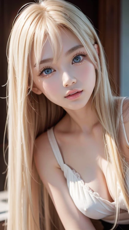  beautiful 、White and radiant skin、 blond hair that changes color depending on the light 、 long bangs between the eyes obstruct vision 、Shiny highlights on the cheeks 、 sexy and very beautiful lovely cute gorgeous face、 Worlds Most Beautiful Face 、 super l...