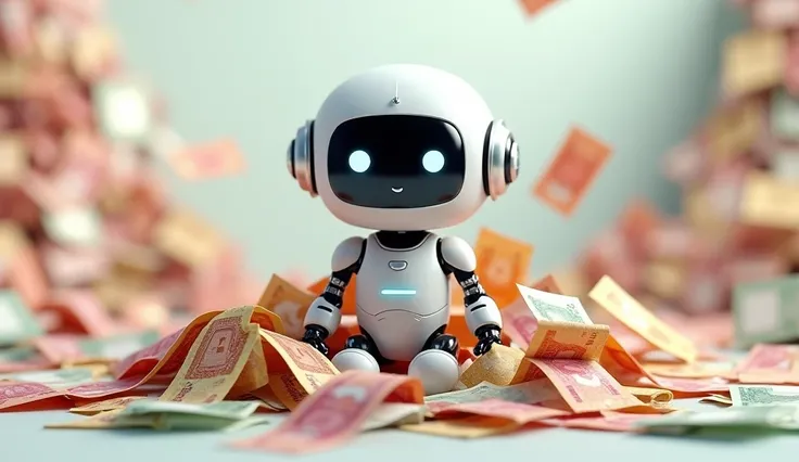 A scene where banknotes are piled up around a cute robot