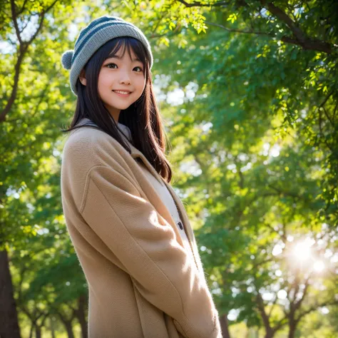  Japanese woman with a viewing angle of, 22 years old, round face,  baby face big eyes , My eyes are raised , Slanted Eyes , Gentle personality , nose looking up small lips, Smile, Simple beauty , Beauty, cute,  the sun shines in ,  eyes that look far away...