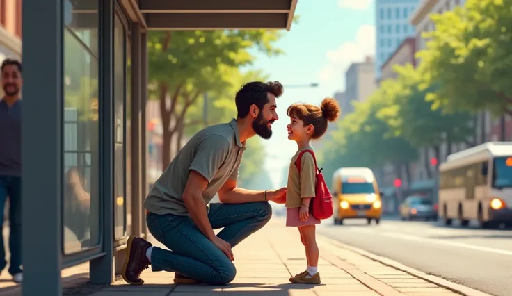 Dad kneeling and talking with a young girl in front of an intercity bus stop