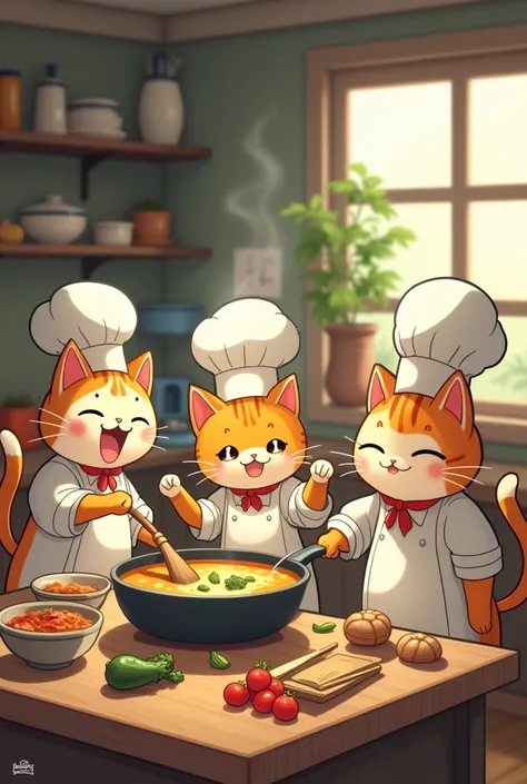 In the style of Studio Ghibli, six adorable cats dressed in chef outfits joyfully and playfully walk around a cozy kitchen. They are using cooking utensils like pots, frying pans, and cutting boards, busily sautéing, boiling soup, and chopping vegetables, ...