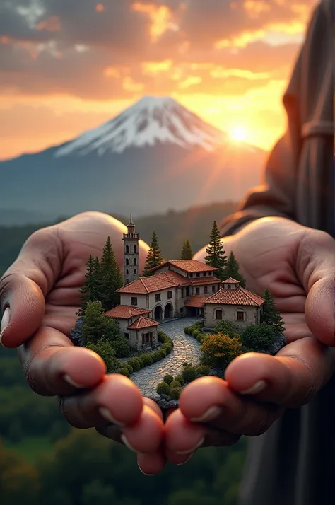 Two hands of a man holding a small town with the sunrise and the snowy Chimborazo 