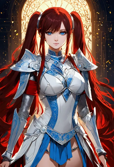 Beautiful anime woman, in her 20s, red dark hair, long twintails, blue eyes, in a costume light warrior