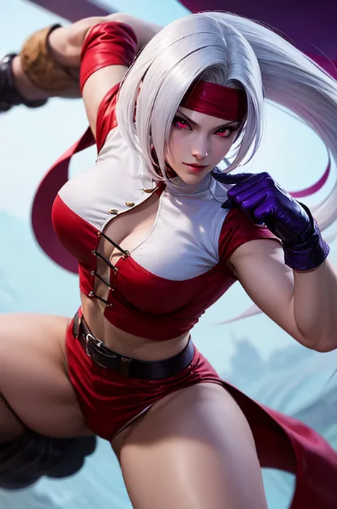 1woman, beautiful, detailed, large breasts, boots, stand, Full body, red eyes, gloves, long white hair, purple bandana hair, foxyms, kof, belt, MASTERPIECE, beautiful face, beautiful body, look at viewer, detailed, perfect