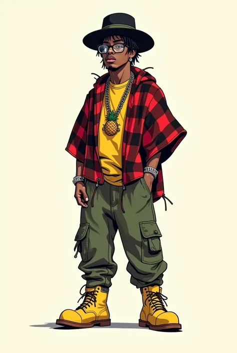 drawing of a pineapple in loose clothing by rapper with a black hat, without chain and with yellow boots and red and black poleron, without glasses 
