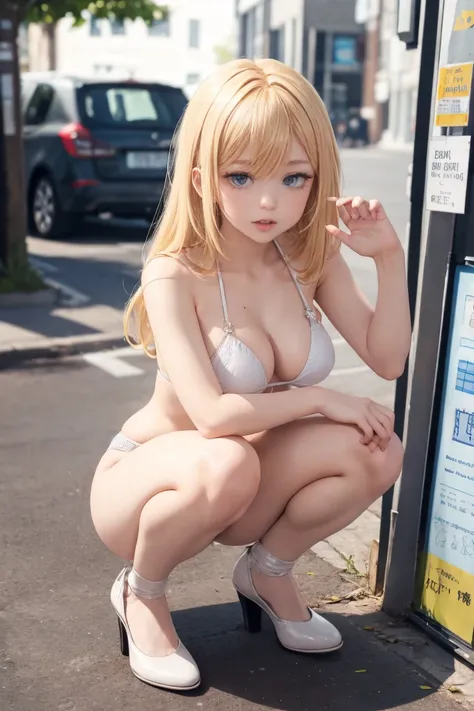 (  top quality),  1 mature woman , Blonde,  bangs between eyes,  bob hair,  blue eyes,  blush,  open her mouth ,  frowns, （Full body composition）、（shiny white bikini 1:2）、（ smaller breasts）、（ full body angle on the way home from work）、（ white stockings and...