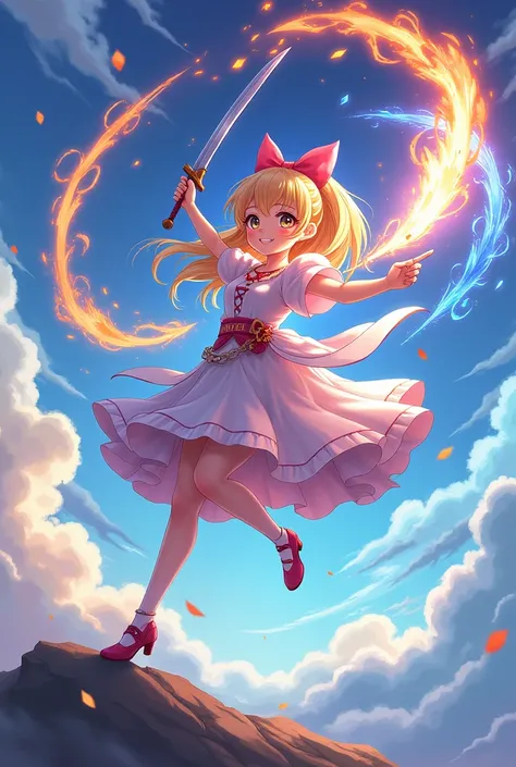  magic 　,sword,　Cane　,girl,sky,wind,fire,water,glow,カラフル,smile,beam,ray,circle,