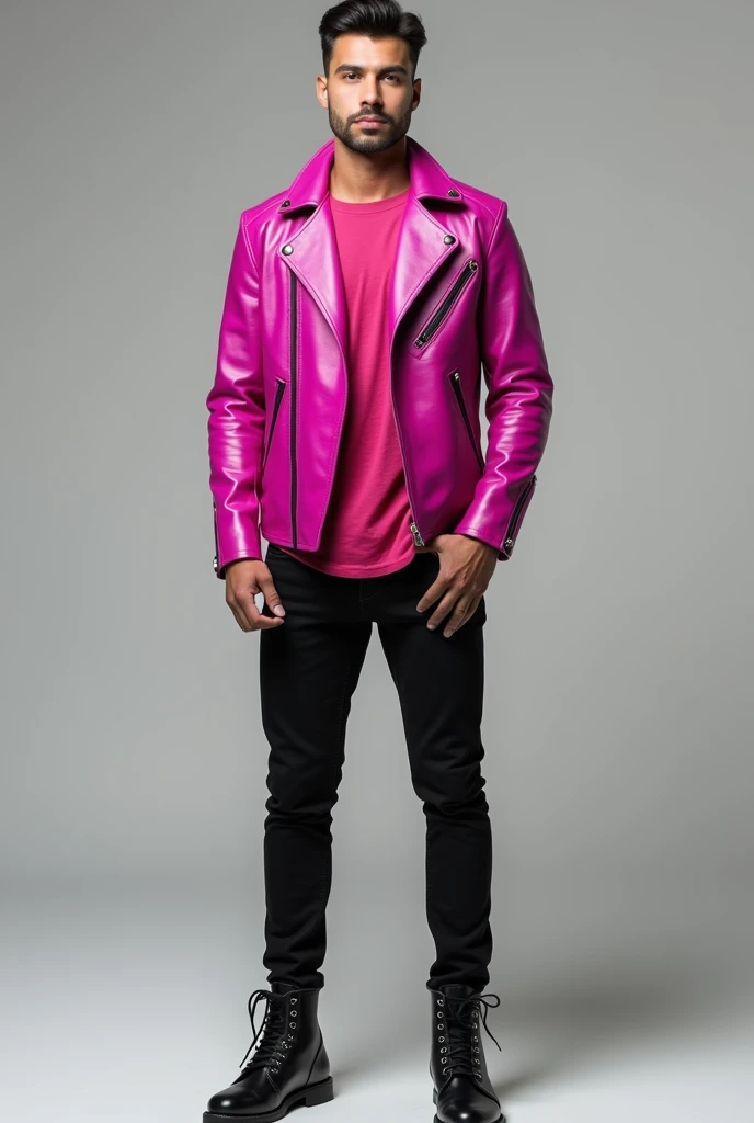 Man wearing fuchsia leather jacket and t-shirt, black jean pants, black boots