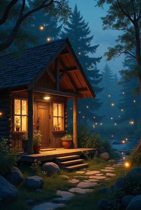 Create an art of several fireflies inside a cabin in the middle of nowhere