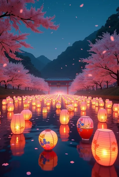 create a lantern festival of japanese lake with astonishing beauty