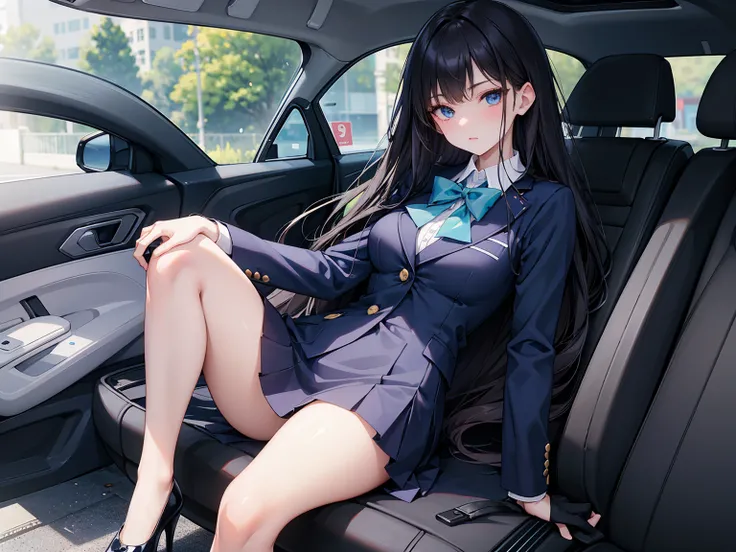  high school student ， Has long, dark hair ， with warm blue eyes ， Wore a fresh blue suit and black heels ， pure white collar and bright green bow 。 has long dark hair and warm blue eyes ， sitting in a car seat ， Striking a seductive pose,Spread your legs,...