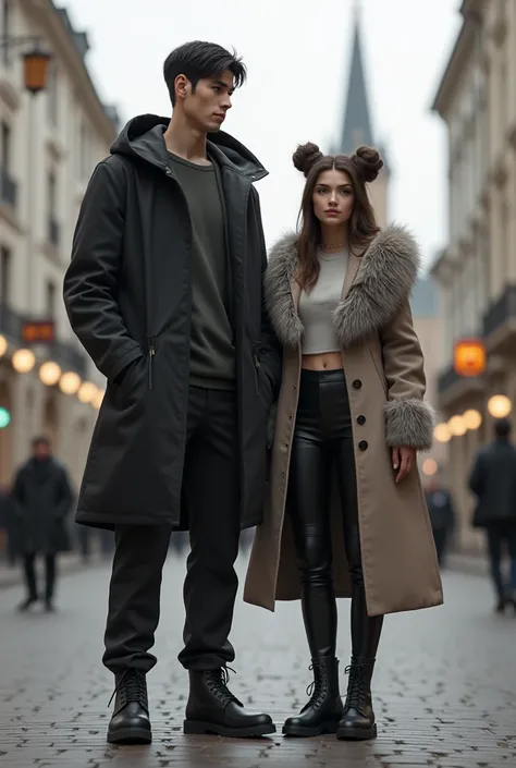  highest quality and real character  【【8K resolution ,  Height Difference,     White skin tall handsome black short hair Cool handsome man    ,   戴著毛線帽 Wearing a Noble Ferret Coat Hoodie 配褲， boots
 White-skinned brown long hair tied into two messy buns，Sli...