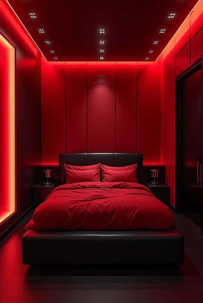 Create a BDSM room, bed, red and black, led lights, modern ultra HD 8k image 