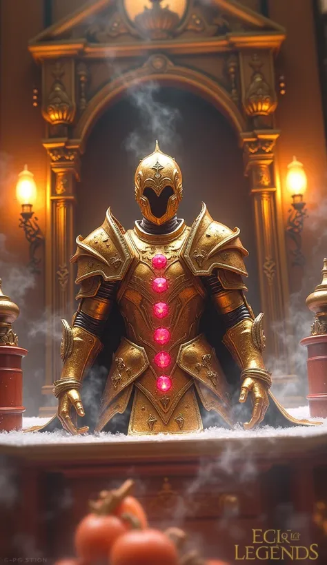 A stunning golden armor adorned with four radiant rubies embedded in the chest plate, displayed prominently on an ornate wooden shelf. The style is vibrant and dynamic, capturing the essence of fantasy art. This image serves as an icon for an epic legends ...