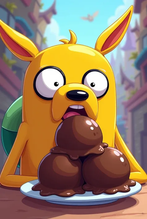 Jake of adventure time, eat a two scops of chocolate ice cream, 