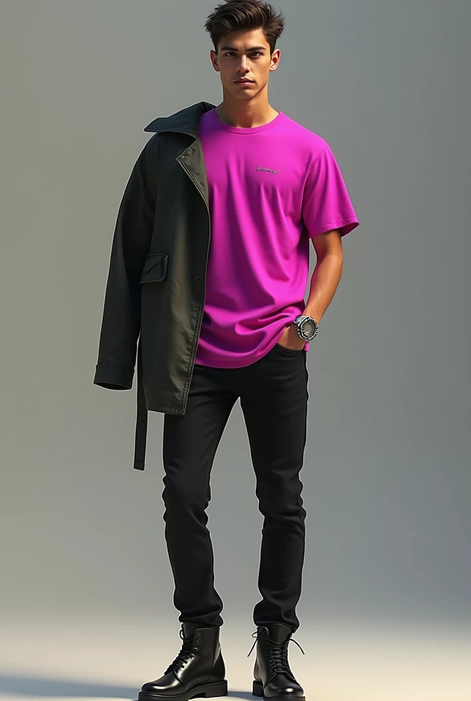 Man wearing a , also with a fuchsia t-shirt, black jean pants, black boots