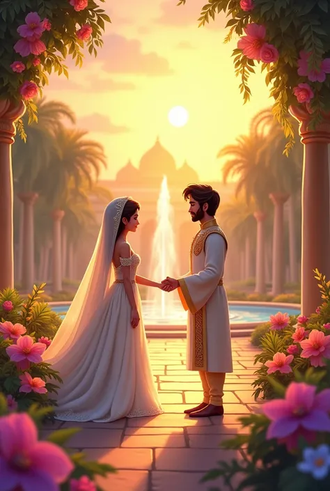 "Back at the grand palace, Prince Ayan stands before Princess Noor in the royal garden, where vibrant flowers and a cascading fountain create a romantic ambiance. Noor wears a stunning white gown adorned with jewels, her eyes reflecting gratitude and affec...