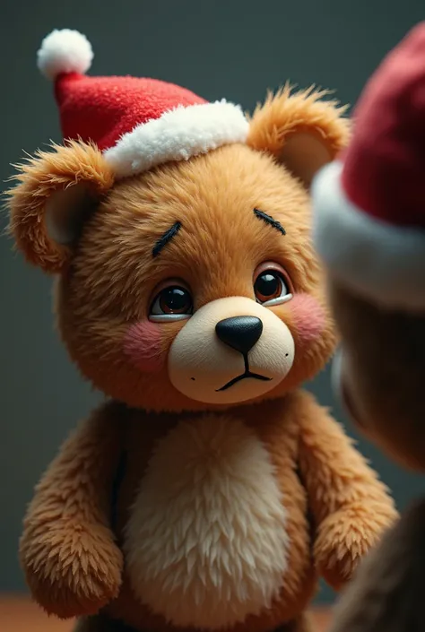 Create me an image of a sad teddy bear crying with tears in his eyes and cheeks how jealous a teddy bear has a Christmas hat on his head