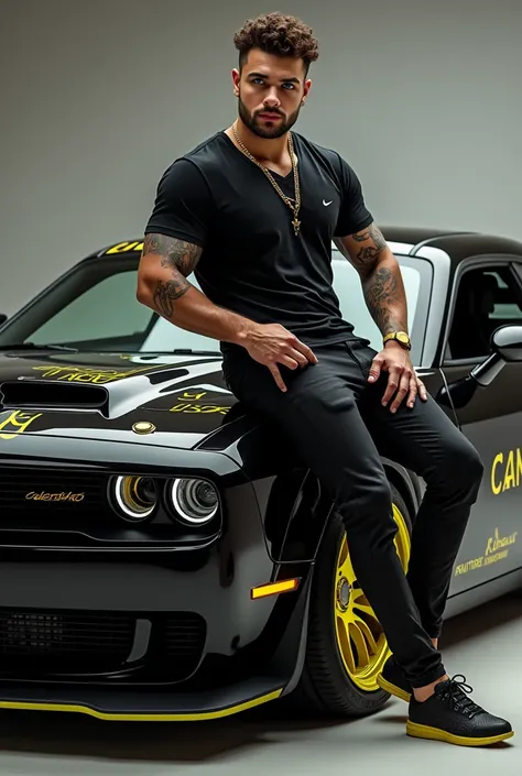 Carlos Rivera  , short brown hair with curls above  (high fade ), blue eyes ,tattoo on the neck ,  a little muscular and with a slightly marked beard  , medium thick lips with gloss red cheeks Dodge C car Sitting on the hood hallenger color black with neon...