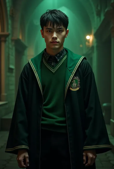 Draw a live image of a man in his 20s who doesnt have fine hair and who wears a black and dark green Hogwarts Slytherin.
