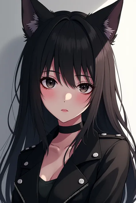 Brunette woman with long black smooth hair with cat ears wearing black jacket black eyes cold look in anime 