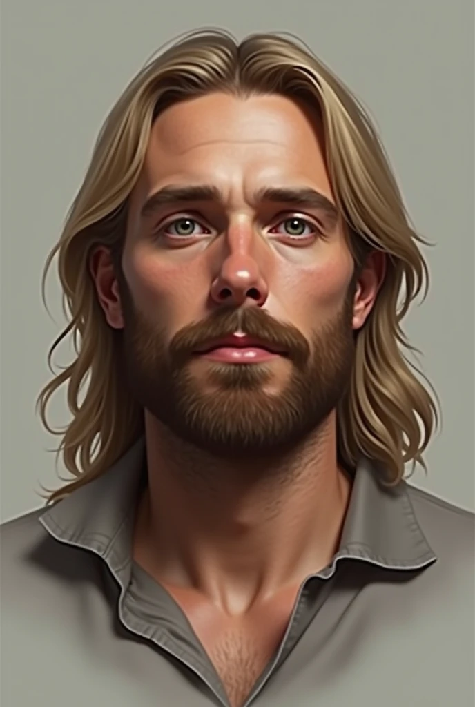  Realistic image of the bust of a 33-year-old man with long straight blond hair, big beard,  brown eyes , Fascies Serena 