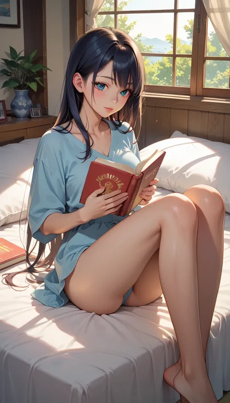 
score_9, score_8_up, score_7_up, 1girl,Blue eyes, lay on bed,reading book,open windows,summer,crossing her legs,vintage bedroom,traditional japanese bedroom, 