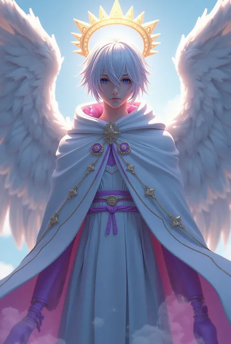 Eidos wears a white cloak with magenta details. His hair is platinum with a slight purple tint, and his eyes are bright dark blue, with pointers instead of pupils. He has two huge wings behind his back, which are usually closed around him. These wings are ...