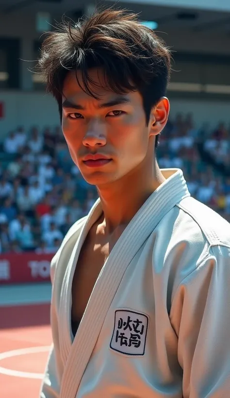 (photorealism:1.2), Handsome japanese man, 22-27 year-old, judo,Contest, Olympics, close up half body 