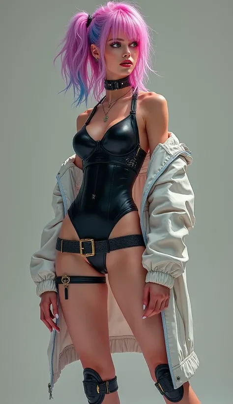 masterpiece, best quality, highres, lu1, cyborg, multicolored hair, makeup, bare shoulders, black leotard, highleg leotard, (thong:1.1), white jacket, open jacket, belt, shorts, cowboy shot, cyberpunk, standing,