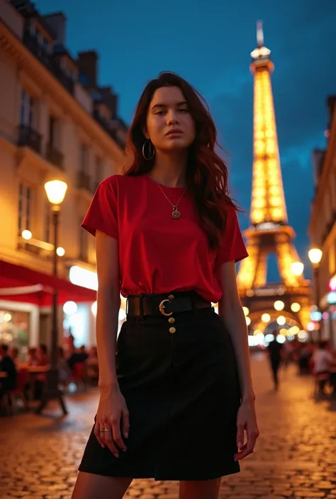  With a black capri dress red t-shirt, What night in Paris .