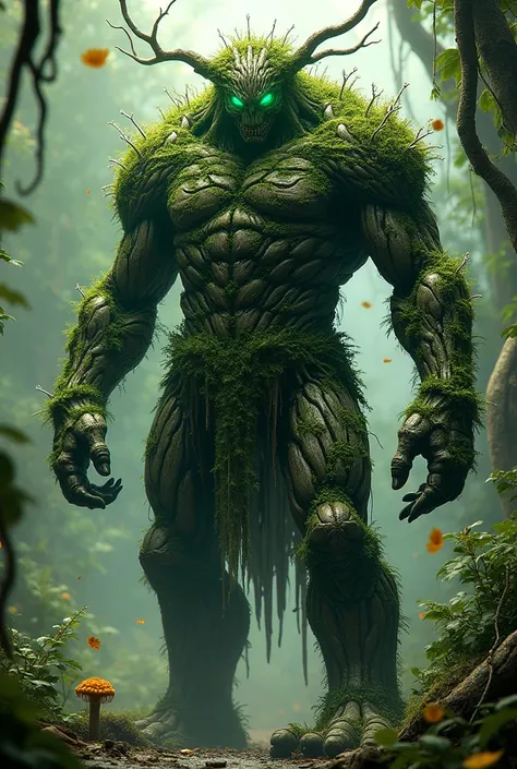 A mass of vines in a humanoid figure with bark aromor across it with glowing green eyes