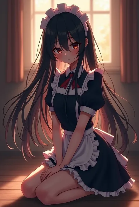 Black long-haired loli, wearing a maid outfit, kneeling, legs and five fingers, more flesh, cute two-dimensional, background backlit HD  