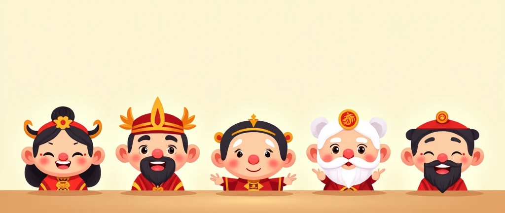  cartoon Five God of Fortune probe from one side， only reveal their heads one by one ，Festive，Left blank。The five gods of fortune are old and young ，