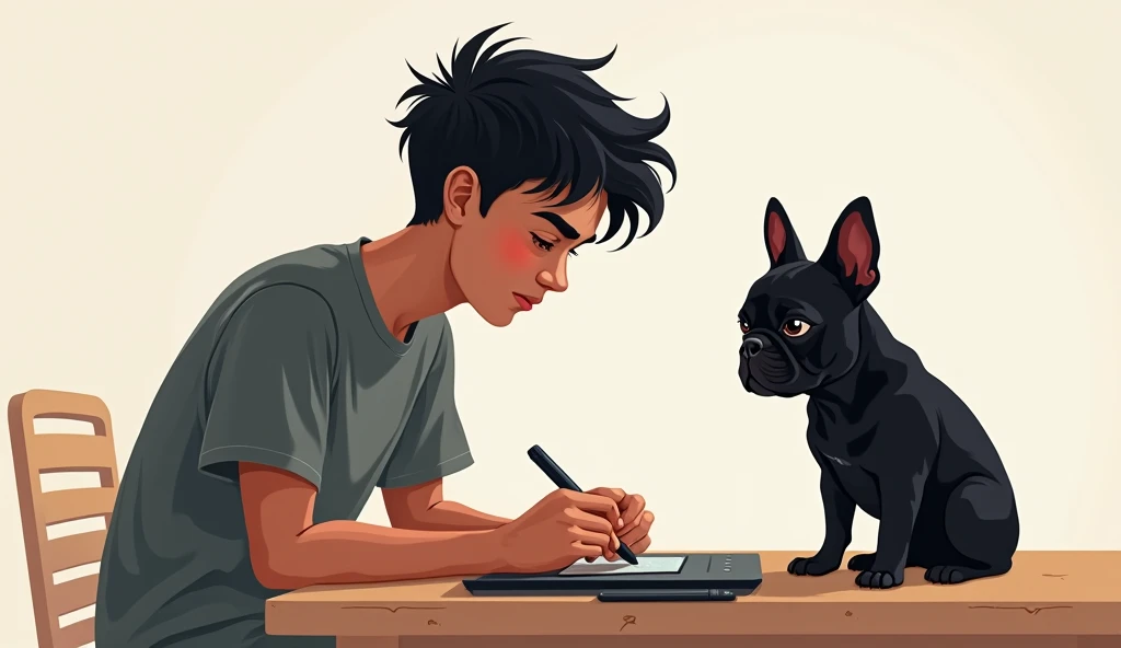 a guy 24 years old, dark hair, sitting with a graphic tablet and stylus in his hands and on the table sits a black French bulldog