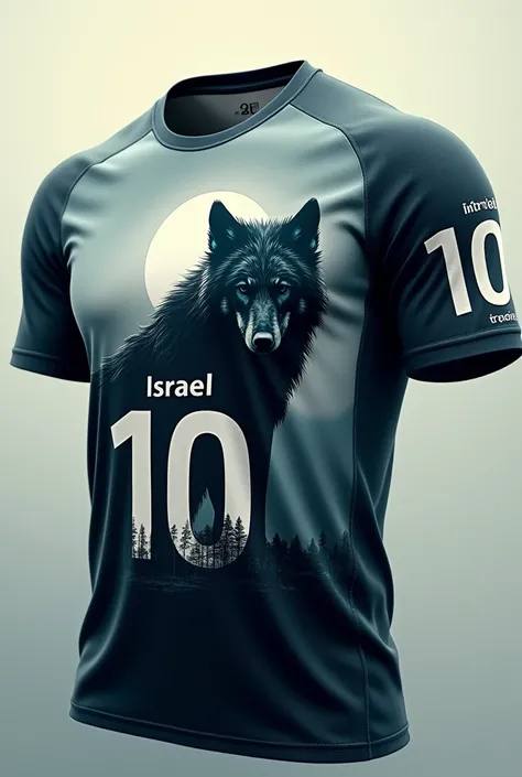 Create a sports t-shirt that has a wolf blurred in the back with the name Israel and the number 10 and that in the front part has the word electronic 
