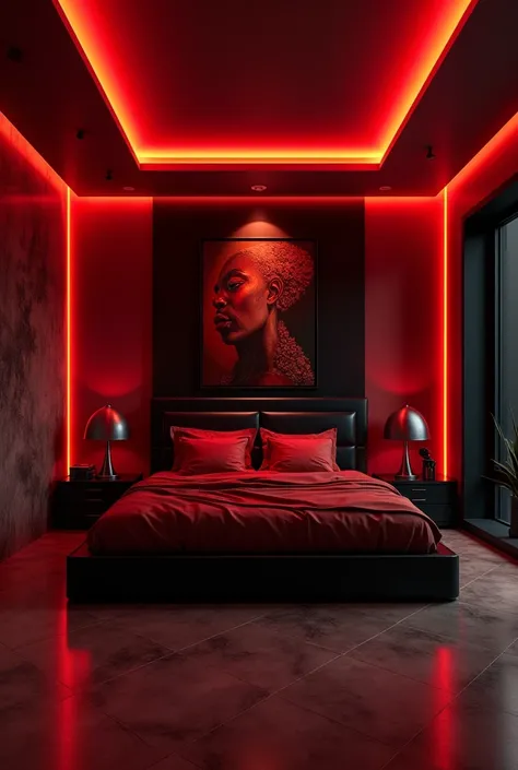 BDSM room , Wide space,, big bed, red and black,  red LED lights , modern,  with BDSM utensils,   porcelain tile floor , picture on the wall,8k ultra HD image 