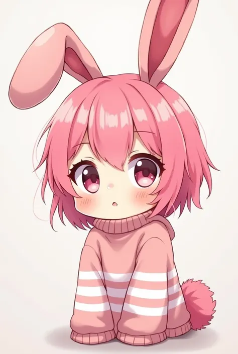 An anime boy male gender pink hair pink eyes a pink sweater with white stripes rabbit ears his pink tail and may he be handsome 