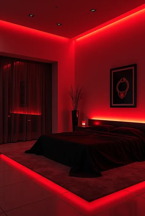 BDSM room , Wide space,, big bed, red and black, black silk sheets , red LED lights , modern,  with BDSM utensils,   porcelain tile floor ,  picture on the wall with a handcuff,8k ultra HD image 