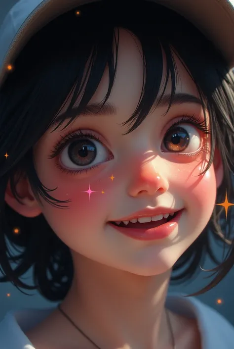  Close-up of an improved masterpiece:1.5)0.9], (Mike Taysons:1.2) ( black hair:1.1) ( Heterochromia:  xanthochromia and black eyes:1.2) (cap:1.0) ( colorful stars in the eyes :1.0) (A radiant glow:1.1) ( thick lips:0.9)
