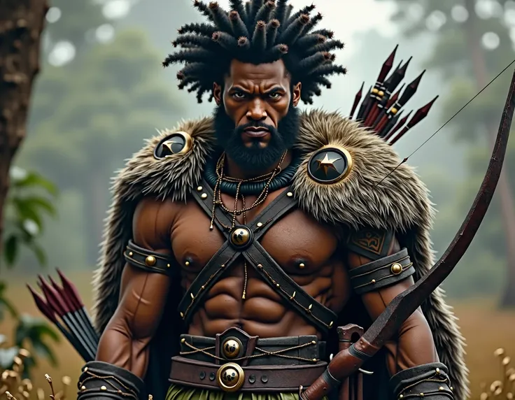 the image of a character, hunter style, A black skinned man, Afro hair with braid. Hunter&#39;s clothes,  wearing leather armor with a wolfs skin, Wolf head on the shoulder pad , with a bow.