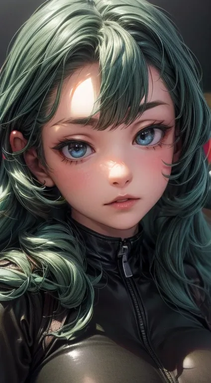 ( better quality , 4k, 8K, highres,  masterpiece :1.2),  ultra detailed , (realistic, photorealistic, photo-realistic:1.37), beautiful,  big breasts,  wide hips , ojos preciosos, mole on the lip,  green hair