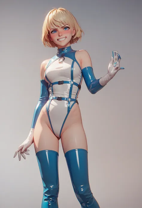  1 girl , (( White Over-Elbow Gloves )), ((Surgical Glove )), ((  latex gloves  )), ((blue latex costume)), (( Long Sleeve )), ((white latex boots)),  viewers,  standing, Alone、Blonde,  shortcuts,  bob hair,  blush,  blue eyes,  frowns, Awkward, Grin, 