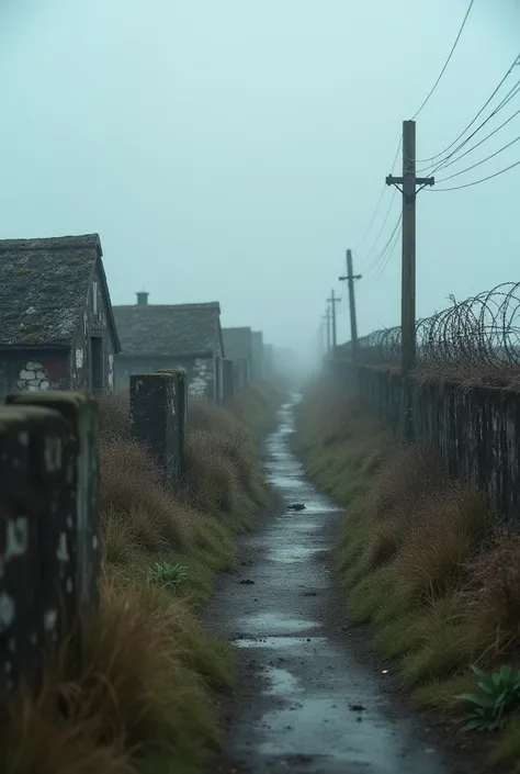 German defences on the Normandy coast: fortified bunkers, barbed wire and machine gun nests in a grey and rainy environment. Shot with sony alpha a9 II and Sony FE 200-600mm f/5.6-6.3 G OSS lens, natural light, hyper realistic photograph, ultra detailed.