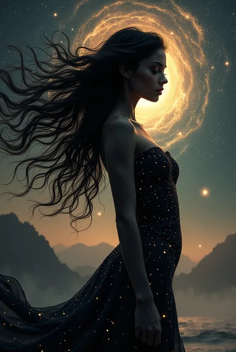 A woman with her beautiful black hair forming the Milky Way and her body and beautiful silhouette she is a beautiful stellar mystic  sensual envolvente despida olhos castanhos 