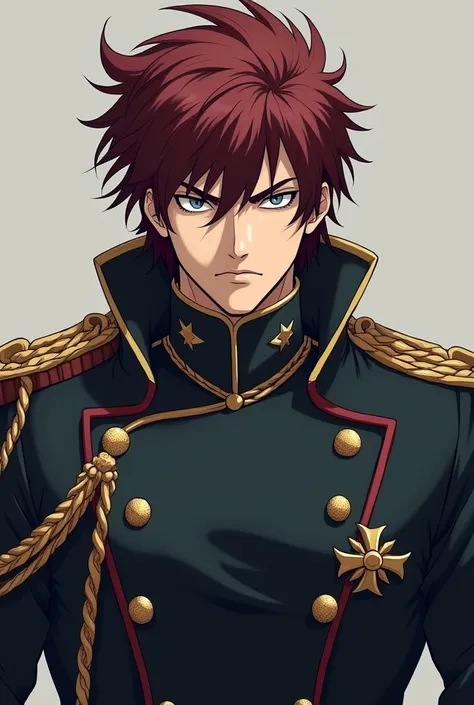 Hombre haired dark red gray eyes anime with military suit