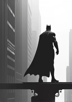 Super hero riding on a platform located in a square for in black and white 